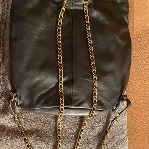 Elegant Black Leather Bag with Gold Chain